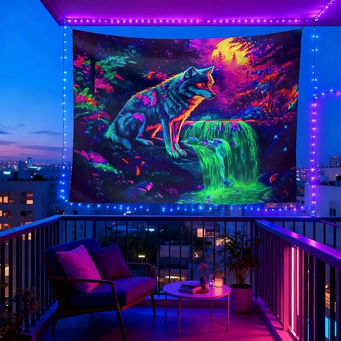 seewan Black Light Wolf Tapestry, Mysterious Wolf Tapestry, UV-Reactive Black Light Standing Tapestry, Vibrant Psychedelic Wall Hanging, Bedroom Dorm Living Room Background Decor