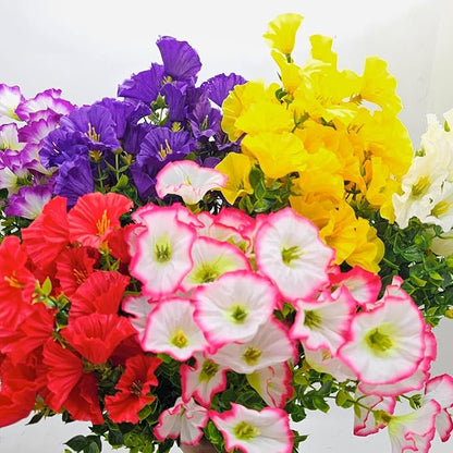Artificial Silk Flowers for Outdoor Decoration,12 Bundles Faux Flowers Colorful Morning Glory with Eucalyptus Fake Plants Greenery UV Resistant for Outside Front Door Planter Porch Patio Yard