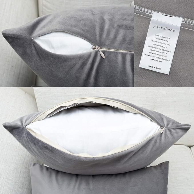 Artaimee Gray Velvet Throw Pillow Covers 18x18 Set of 2 – Soft Decorative Cushion Cases for Sofa, Couch, Bed & Home Décor