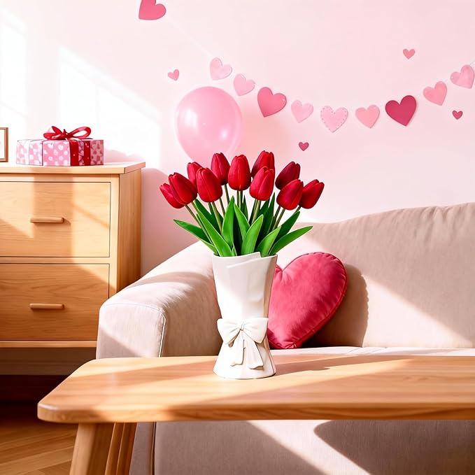 White Ceramic Bow Vase Unique Cute Decorative Bouquet Flower Vases 9.64 in Valentine's Day Decor Vase
