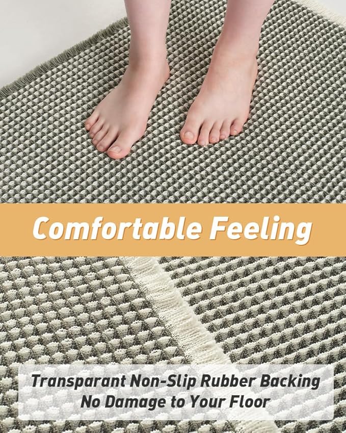 AMOAMI Upgraded Waffle Runner Rug Super Absorbent Non Slip Bath Mats for Bathroom Machine Washable Bathroom Runner Rug with Tassels, Ideal for Hallway Bedroom Laundry Room, 17" x 48‘’, Green & Cream