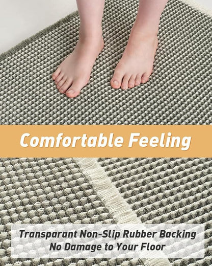 AMOAMI Upgraded Waffle Runner Rug Super Absorbent Non Slip Bath Mats for Bathroom Machine Washable Bathroom Runner Rug with Tassels, Ideal for Hallway Bedroom Laundry Room, 17" x 60‘’, Green & Cream