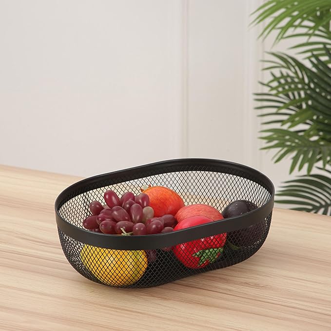 Metal Mesh Steel Basket, Oval Metal Wire Storage Organizer Baskets Multi Functional Kitchen Baskets Countertop Fruit Baskets Garden Harvest Basket for Kitchen Picnic Decor Cabinet Home, Black