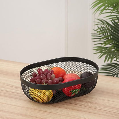 Metal Mesh Steel Basket, Oval Metal Wire Storage Organizer Baskets Multi Functional Kitchen Baskets Countertop Fruit Baskets Garden Harvest Basket for Kitchen Picnic Decor Cabinet Home, Black