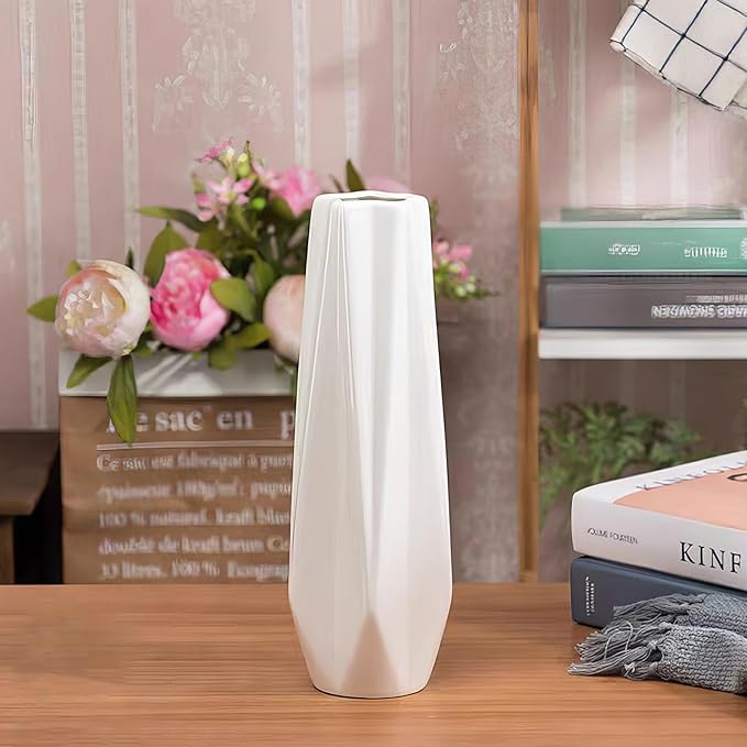 12Inch Tall Vase White Ceramic Flower Vases for Pampas Grass,Home Decor, Modern Textured Vases for Living Room Decorations,Table Centerpieces,Shelf,Farmhouse Small Ceramic Vase