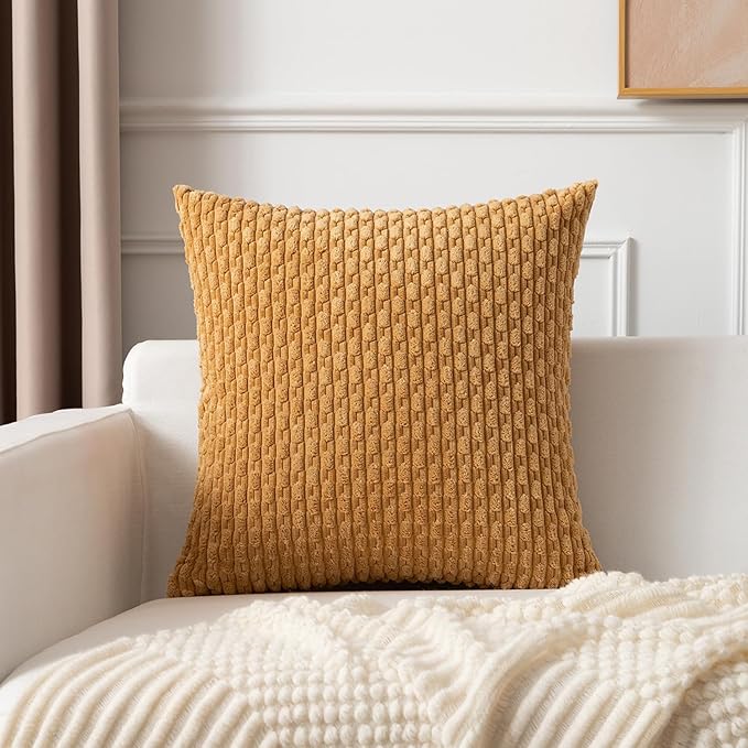 Kevin Textile Throw Pillow Covers Soft Corduroy Decorative Set of 2 Boho Striped Pillow Covers Pillowcases Farmhouse Home Decor for Couch Bed Sofa Living Room 26x26 Inch Gold