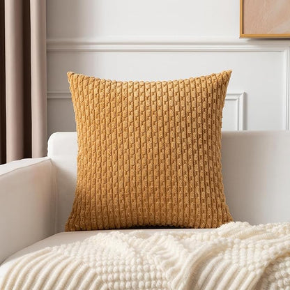 Kevin Textile Throw Pillow Covers Soft Corduroy Decorative Set of 2 Boho Striped Pillow Covers Pillowcases Farmhouse Home Decor for Couch Bed Sofa Living Room 26x26 Inch Gold