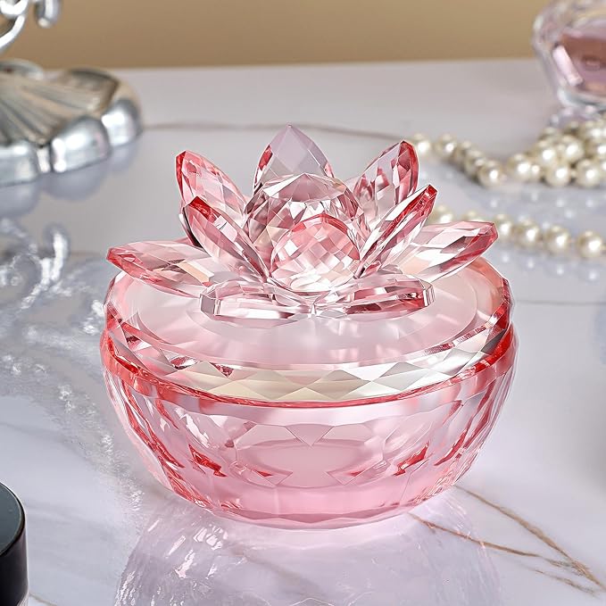 Crystal Jewelry Box, Small Glass Trinket Jar with Lid, Clear Lotus Flower Storage Holder for Women, Elegant Organizer Dish for Ring, Earrings, Necklace, Gift (Full pink)