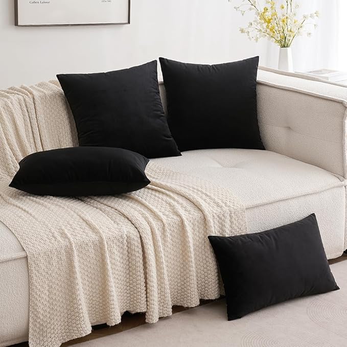 MIULEE Velvet Throw Pillow Covers 12x20 Inch, Pack of 2 - Black, Soft Solid Lumbar Decorative Pillow Covers Modern Luxury Home Decor for Chair Couch Sofa Bedroom Livingroom