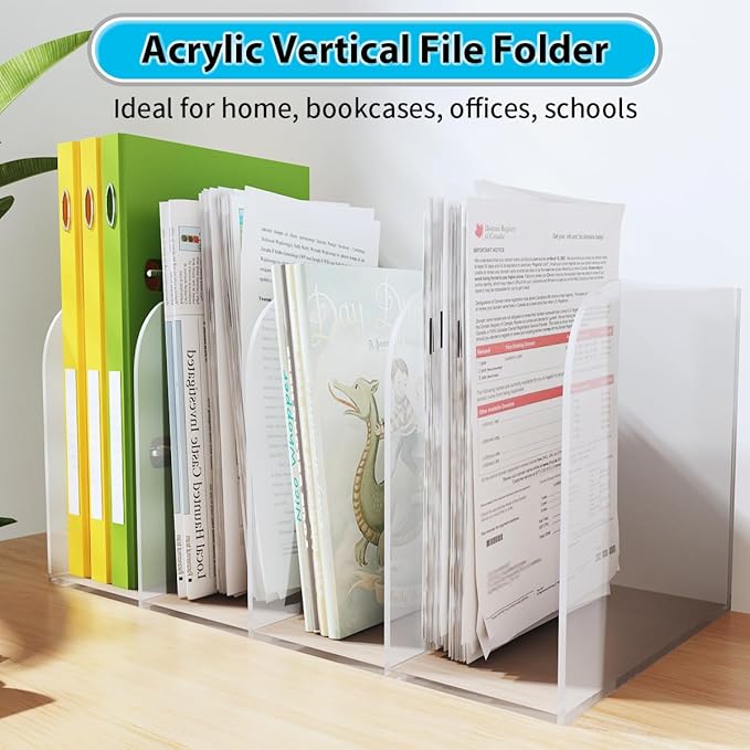 Jumyee Acrylic Magazine File Holder, Vertical Desk File Organizer Sorter with 4 Compartments, Clear Mail Organizer Office Organization Storage Binder Holder for Desk, Magazine, Books