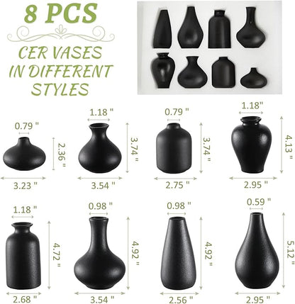 Small Black Vases Set of 8 - Mini Ceramic Bud Vases for Flowers, Pampas Grass, Rustic and Modern Home Decor, Perfect for Living Room, Table Centerpieces, Black Vases Home Decor, Bathroom Decor