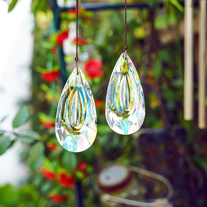 HDCRYSTALGIFTS 2pcs 89mm Hanging Crystal Prisms Suncatchers, Sun Catcher Indoor Window Rainbow Maker Crystals for Home Garden Decor Glass Ornaments for Christmas Tree