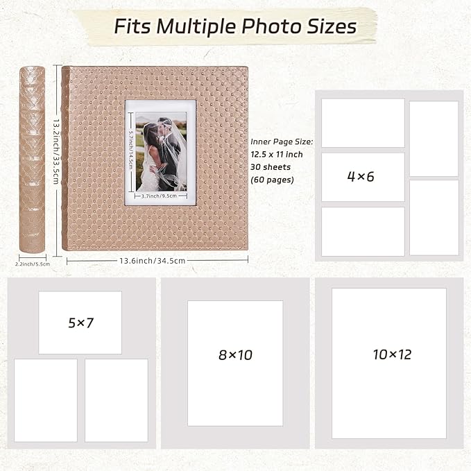 RECUTMS Self Adhesive Photo Album Magnetic Scrapbook Album 60 Pages Double Sided Pages Leather Cover DIY Photo Album Holds Photos of any size Baby Family Wedding Anniversary Albums(Light brown)
