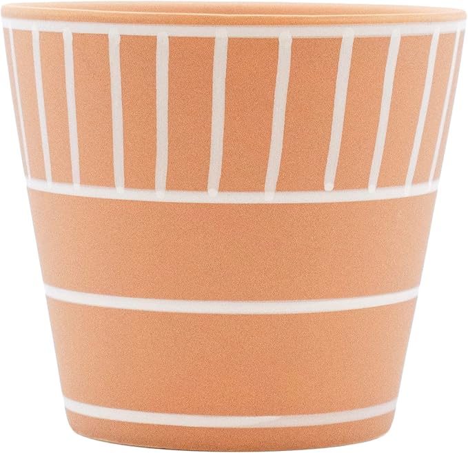 Stephanie Imports Boho Brown Terracotta Planter Pot with Hand-Painted Matte White Design (Block Lines)