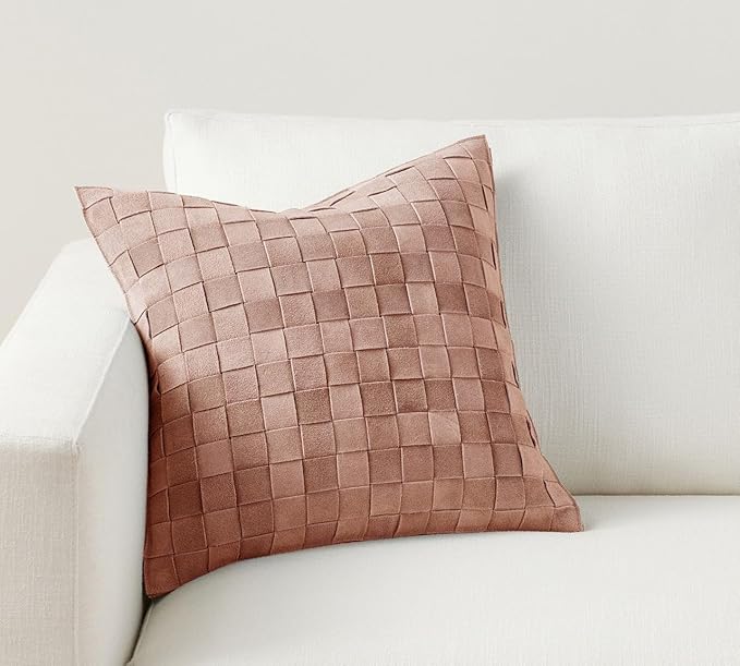 South Beach Leather Cushion Pillow Cover - Luxury Leather Pillow Case - Modern, Boho, Farmhouse Home Decor - Bedroom Couch, Living Room, Sofa Bed (Basketweave - Rosewood, 18" x 18")