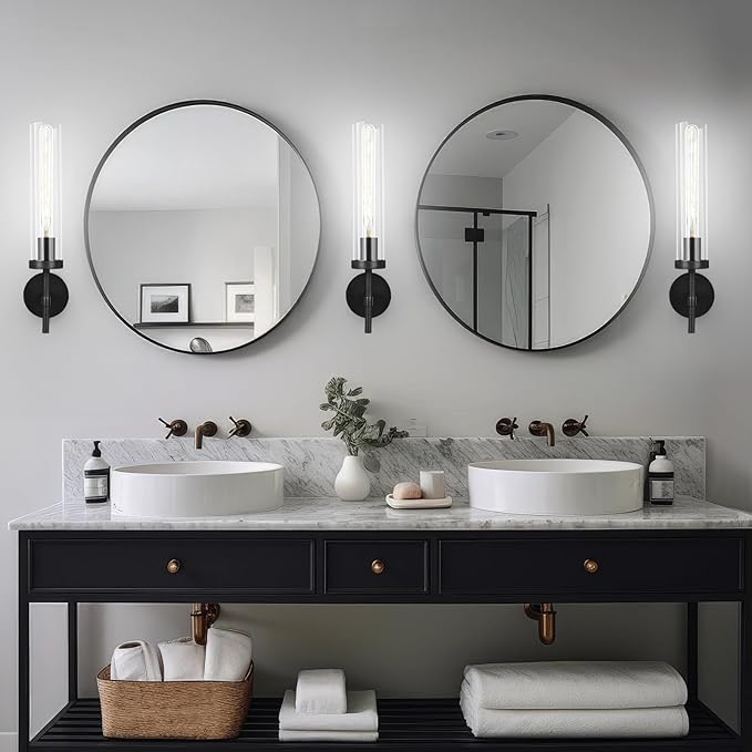 Black Wall Sconces Set of Two with White Light, 19.48'' Brushed Brass Knurled Bathroom Sconces Wall Lighting Vanity Light with Clear Glass for Living Room Mirror Bedroom Stairs