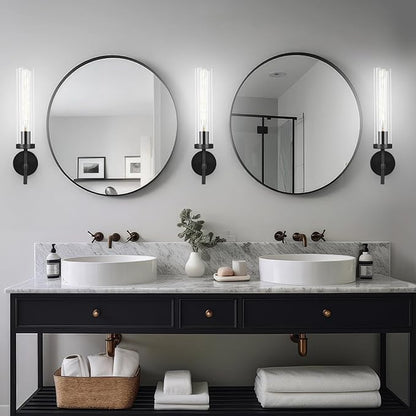 Black Wall Sconces Set of Two with White Light, 19.48'' Brushed Brass Knurled Bathroom Sconces Wall Lighting Vanity Light with Clear Glass for Living Room Mirror Bedroom Stairs