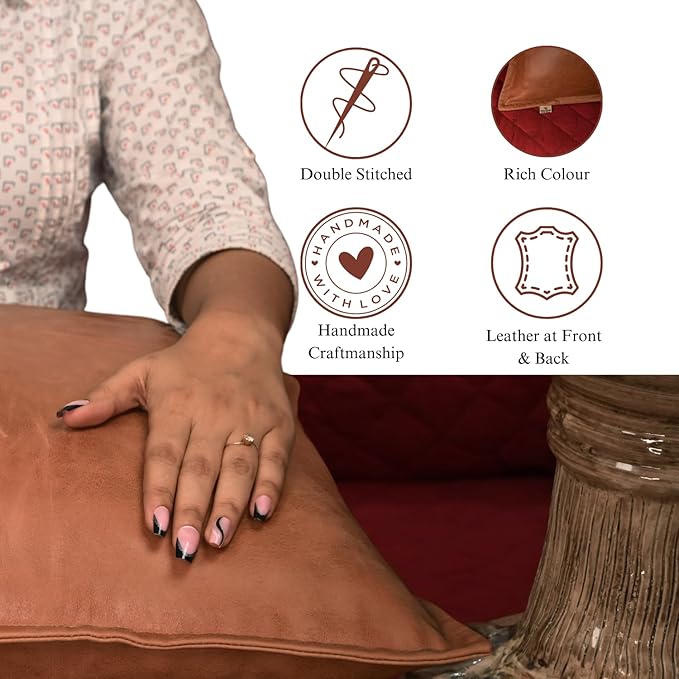 Lambskin Leather Pillow Cover - Sofa Cushion Case - Decorative Throw Covers for Living Room & Bedroom, 14x14 Inches - Antique Brown Box Pack of 1
