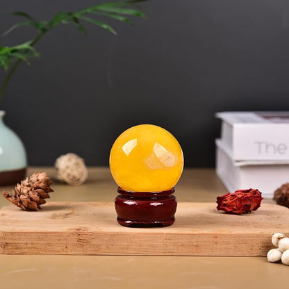 JIC Gem Natural Yellow Fluorite Crystal Sphere Crystal Decorative Ball with Wooden Stand Meditation Balls for Witchcraft Reiki Gift 40-50mm
