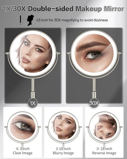 VFD 30X/1X Makeup Mirror with Lights, Height Adjustable Lighted Magnifying Vanity Mirror with 3 Lighting and Adjustable Brightness, 3000mAh Rechargeable Double Sided Switch for Desk Women Gift