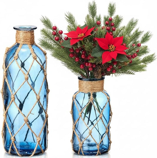 Chuangdi Set of 2 Coastal Glass Vases Christmas Vases for Flowers with Boho Rope Christmas Centerpieces for Tables Small Beach Bottle for Nautical Wedding Floral Arrangement Decorations(Navy Blue)