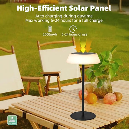 Solar LED Outdoor Table Lamp Waterproof, 3 Level Dimmable Desk Night Light, Portable Cordless USB Rechargeable, for Home/Deck/Patio/Garden (Black)