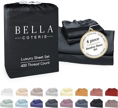 Bella Coterie Luxury Bamboo Viscose Full Size Sheet Set | 100% Organically Grown | Ultra Soft | Cooling for Hot Sleepers | 18" Deep Pocket [Black]