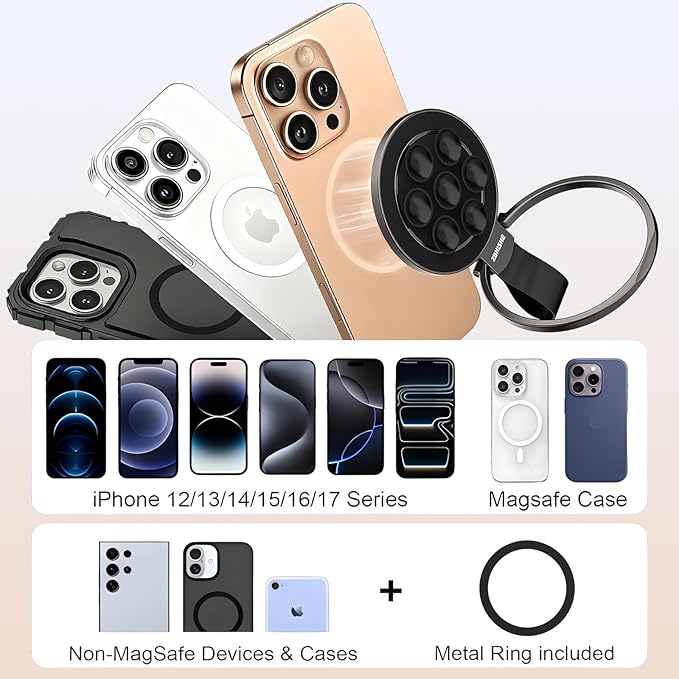 Magnetic Phone Ring for MagSafe Grip [Sucker] [Super Magnet] [Magnet Phone Stand Grip Compatible with Car Mounts] Mag Safe Accessory for iPhone 17/16/15/14/13 Pro Max Plus, Black