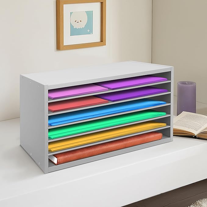 PROLEE Construction Paper Organizer 20" x 13.5" x12.2",Soild Wooden Paper Organizer with 6-Tier Letter Trays, Desktop File Papers Sorter for Home, Classroom and Office (Gray)