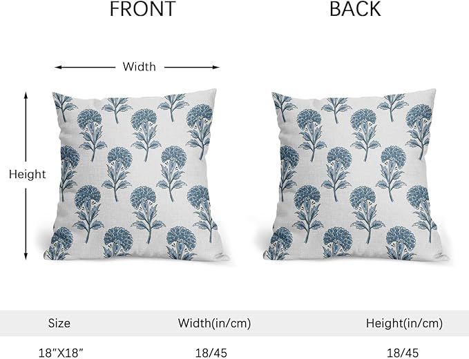 Blue Floral Pillow Covers 18x18 Set of 2 Blue and White Block Print Pattern Rustic Spring Flower Decorative Outdoor Farmhouse Pillowcases Decorations Throw Cushion Cover Decor for Couch Sofa Bed
