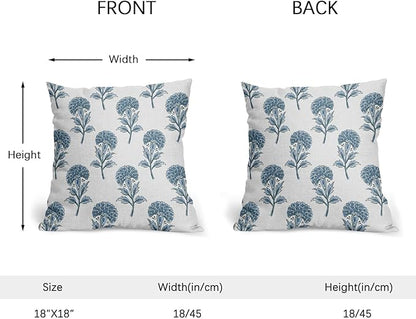 Blue Floral Pillow Covers 18x18 Set of 2 Blue and White Block Print Pattern Rustic Spring Flower Decorative Outdoor Farmhouse Pillowcases Decorations Throw Cushion Cover Decor for Couch Sofa Bed