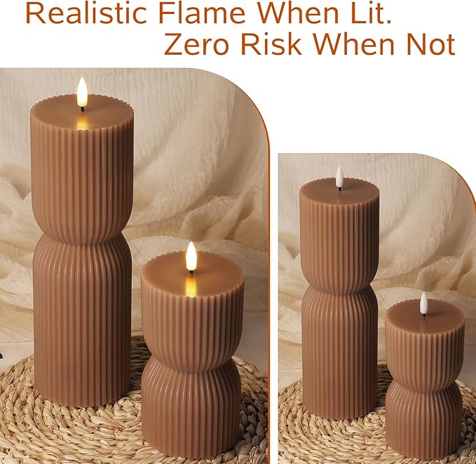 Brown Ribbed Flameless Pillar Candles with Remote, Real Wax Flickering Battery LED Candles Christmas Decor Gift Set of 2