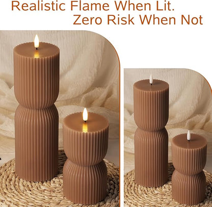 Brown Ribbed Flameless Pillar Candles with Remote, Real Wax Flickering Battery LED Candles Christmas Decor Gift Set of 2