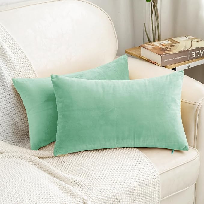 HWY 50 Aqua Green Velvet Rectangular Throw Pillow Covers 12x20 Inch, Pack of 2 Soft Cozy Solid Decorative Luxury Cushion Cases for Couch Sofa Bed Living Room Bedroom