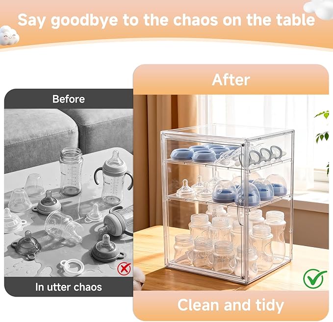 Baby Bottle Organizer, 3 Tiers Adjustable Clear Acrylic Baby Bottle Storage Organizer with 3 Removable Dividers and Magnetic Door, Suitable for Countertop and Kitchen