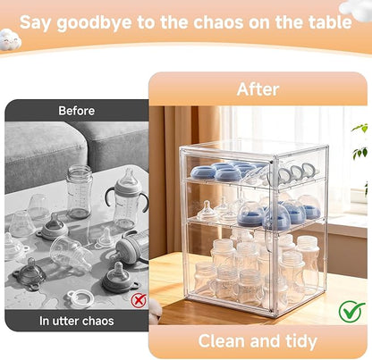 Baby Bottle Organizer, 3 Tiers Adjustable Clear Acrylic Baby Bottle Storage Organizer with 3 Removable Dividers and Magnetic Door, Suitable for Countertop and Kitchen