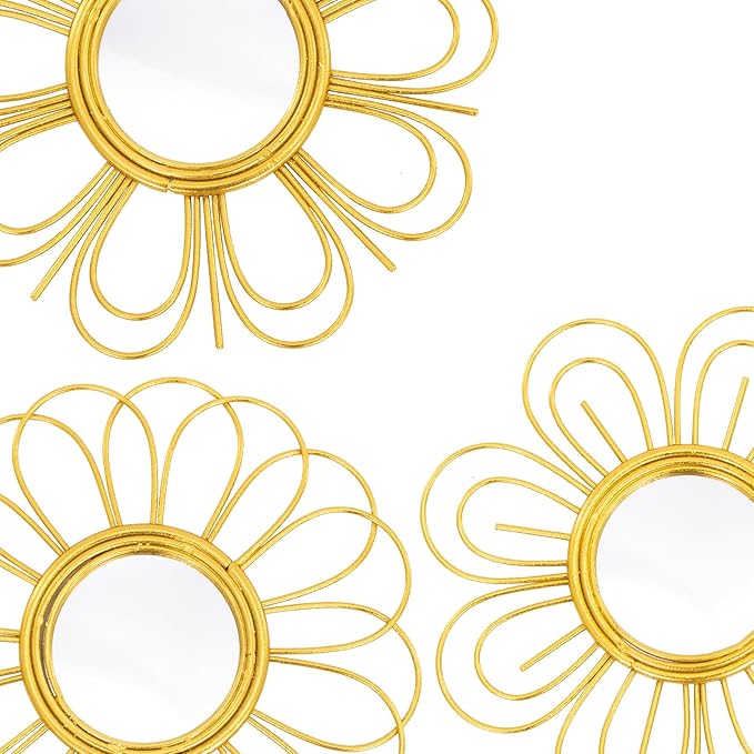 Gold Mirrors 3 Piece, 9 inch Flower-Shaped Mirror Hanging Wall Decor, Christmas Decorative Mirror Wall Art, Round Mirrors for Bedroom,Living Room,Bathroom, House Warming