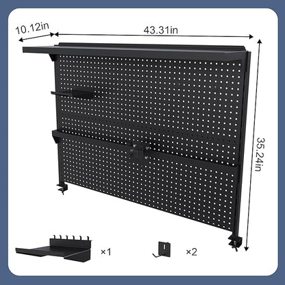KEIKI Clamp-On Desk Pegboard with Single Monitor Stand, 43" x 35" Steel Peg Board Office Organizer with Hooks, Movable Panel & Shelf for Office Supplies, Gaming Setup & Desk Organization, Black