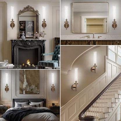 Bronze Wall Sconces with White Light, 19.48'' Brushed Brass Knurled Bathroom Sconces Wall Lighting Vanity Light with Clear Glass, Indoor Wall Mount Light for Living Room Mirror Bedroom Stairs