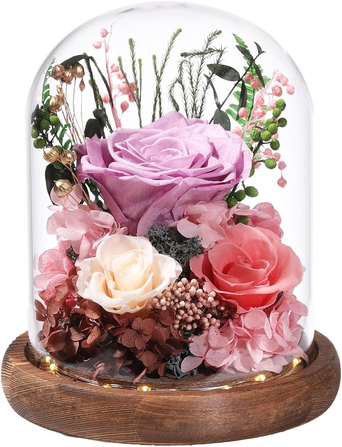 LOVENFOLD Flowers for Delivery Preserved Flowers lilac Roses with LED Light in a Glass Dome,Long Lasting Forever Flowers Birthday Gifts for Women Daughter Mom Wife Friend（lilac Rose）