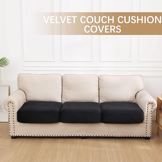 hyha Velvet Couch Cushion Covers, Soft Sofa Seat Covers for sectional 3 Cushion Couch Washable, Magic Sofa Slipcover with Elastic Bottom, Non-Slip Furniture Protector for Pets, Kid(3PC, Black)