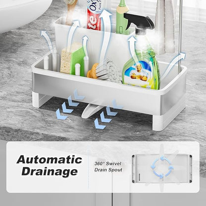 Stainless Steel Sink Caddy, Sponge Holder for Kitchen Sink with Brush Holder & Dishcloth Rack, Rustproof Sink Organizer Countertop, Kitchen Organizers Storage Essentials (E-White)
