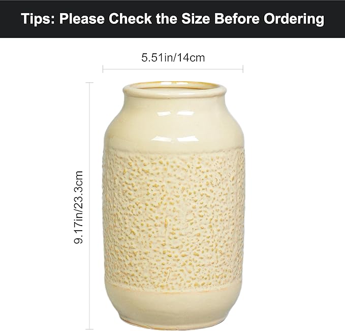 Beige Ceramic Vase for Flowers - 9 inch Textured Cream Vase for Pampas Grass, Modern Farmhouse Vases for Home Decor, Table Centerpiece, Shelf, and Mantle Decor