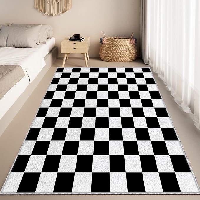 Black and White Checkered Rug for Living Room, 6x9 Area Rugs, Checkered Area Rug, Geometric Plaid Large Rugs, Washable Non Slip Retro Carpet Home Floor Decor