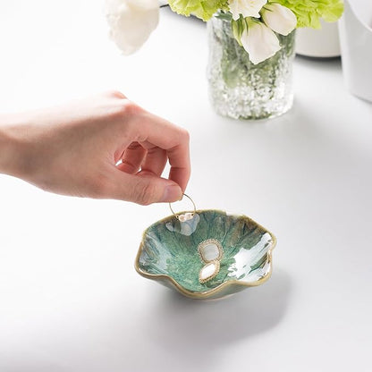 Ceramic Ring Dish, Jewelry Dish Holder, Small Trinket Tray Plate for Earrings Rings Necklaces Keys, for Mom Friend Sister, Retro Green