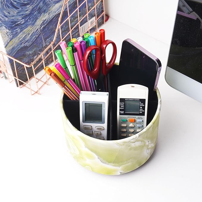 Round Leather Art Supply Organizer,Remote Control Holder,360-degree Rotating Pen Organizer with 4 Compartments(1-Marble Geen)