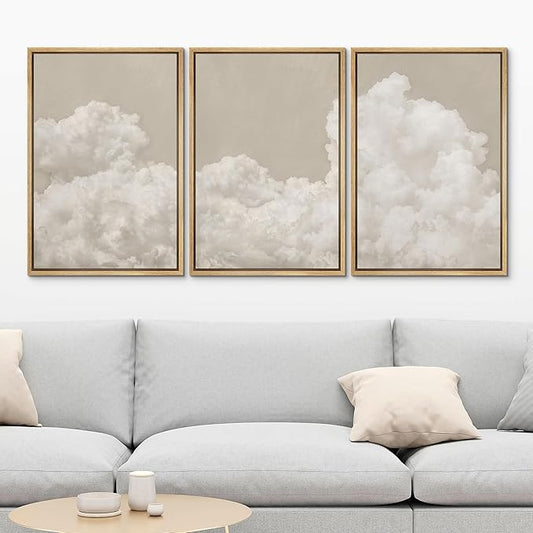 MUDECOR Framed Wall Art Print Set Serene Sky Filled with Fluffy Clouds Illustrations Modern Art Decorative Colorful Chic for Living Room, Bedroom, Office - 24"x36"x3 Natural
