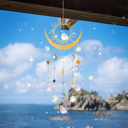 Artilady Sun and Moon Suncatcher - Large Crystal Wind Chimes for Outside Stained Glass Window Hanging Prisms Garden Backyard Ceiling Room Decor Christmas Housewarming Birthday Gift for Girls