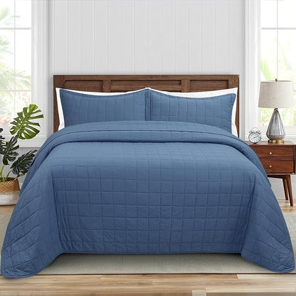 Quilt Queen Size Bedding Sets - 100% Cotton Lightweight Luxury Comforter Set, Full Size Stitching Bedspreads Coverlet with 2 Pillowcase Suit for All Season, Blue