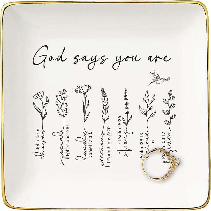 NZY Inspirational Christian Scripture Religious Bible Verse Reminder Gift for Women-Affirmation Positive Birthday Christmas Gift-Encouragement Jewelry Tray Trinket Holder Ring Dish,God Says You Are